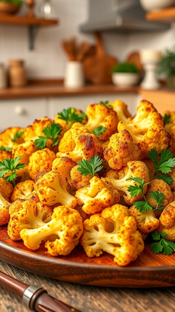 Roasted cauliflower florets on a wooden table, garnished with parsley.